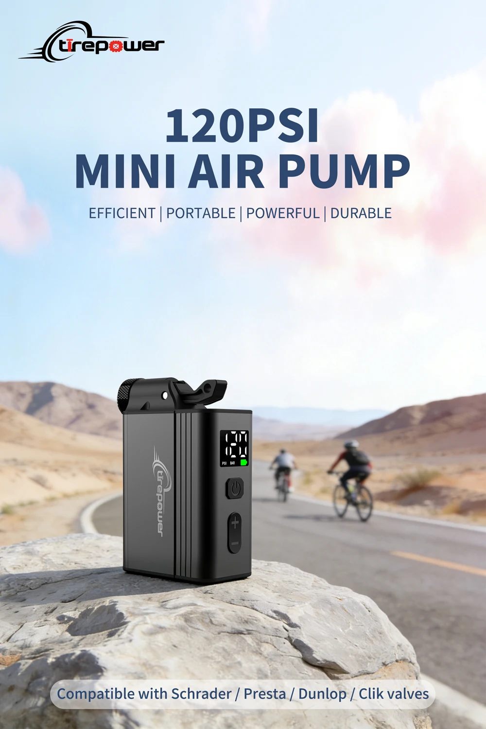 Mini Portable Electric Air Pump Bike Tire Inflator 120PSI with Screen Fast Charging with Presta Schrader Dunlop & Clik Valves