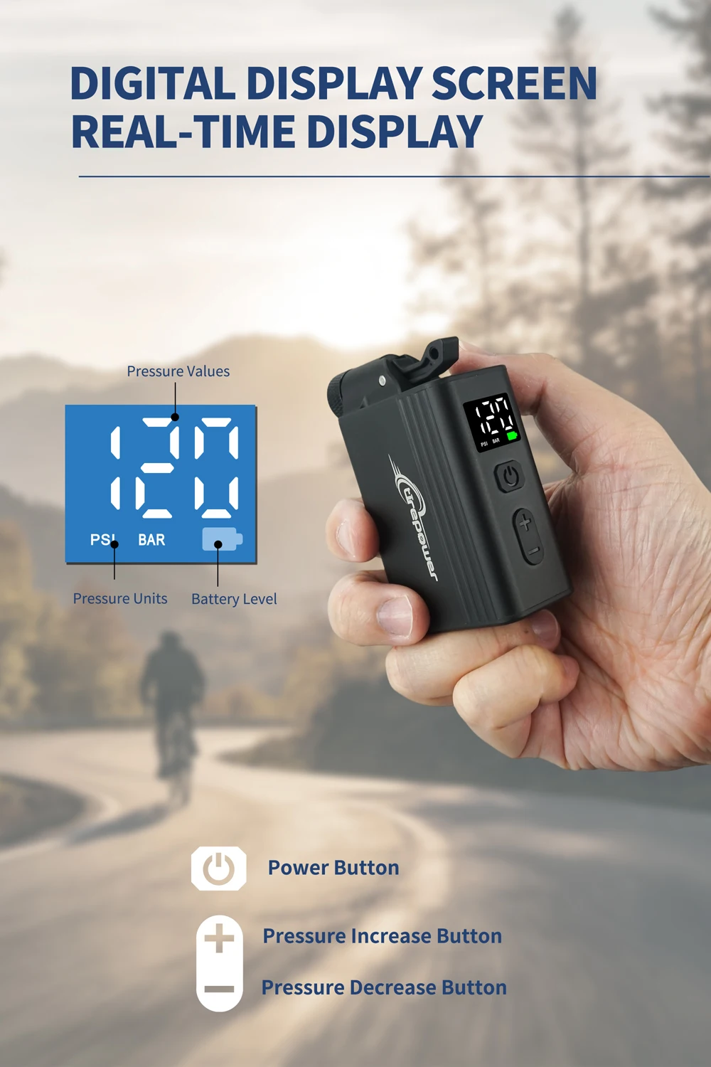 Mini Portable Electric Air Pump Bike Tire Inflator 120PSI with Screen Fast Charging with Presta Schrader Dunlop & Clik Valves