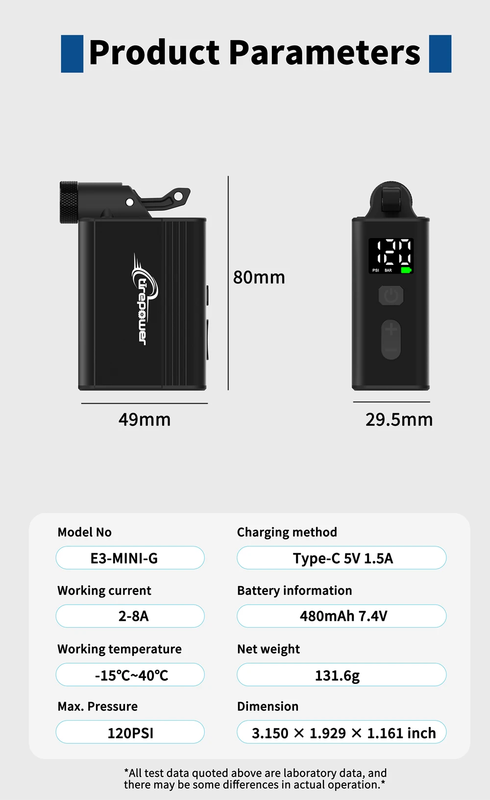 Mini Portable Electric Air Pump Bike Tire Inflator 120PSI with Screen Fast Charging with Presta Schrader Dunlop & Clik Valves
