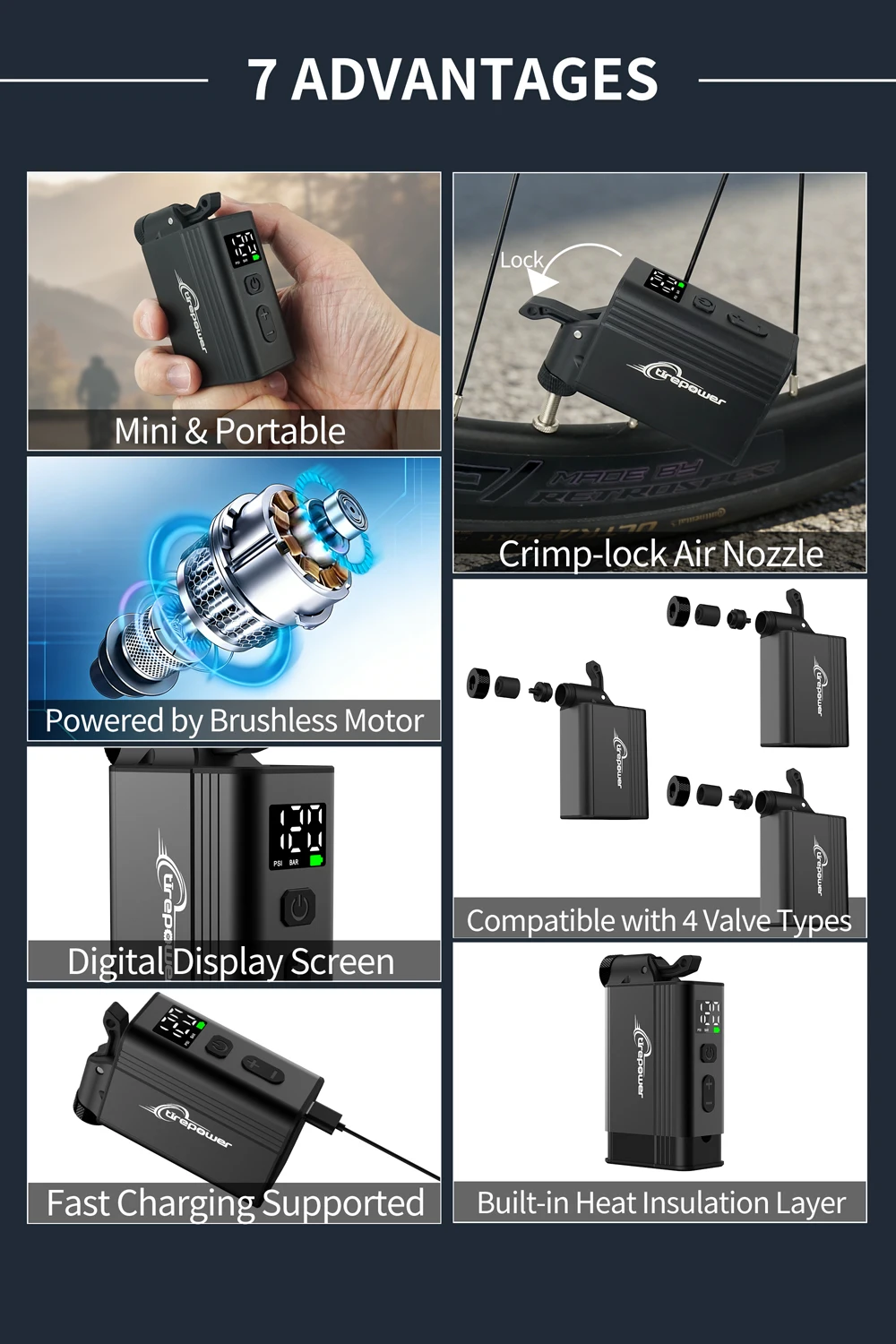 Mini Portable Electric Air Pump Bike Tire Inflator 120PSI with Screen Fast Charging with Presta Schrader Dunlop & Clik Valves