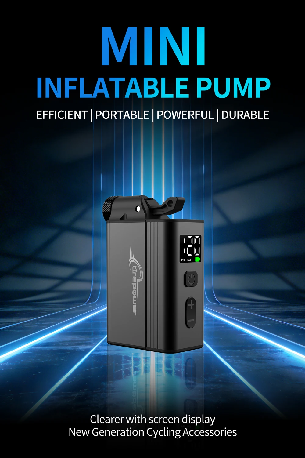 Mini Portable Electric Air Pump Bike Tire Inflator 120PSI with Screen Fast Charging with Presta Schrader Dunlop & Clik Valves