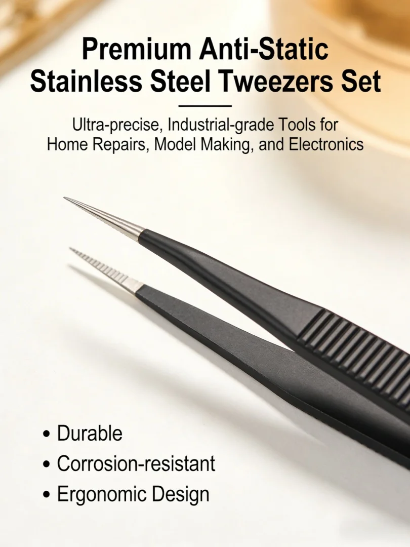 Anti-Static Stainless Steel Tweezers Set, Precision Industrial Tweezers for Electronics Repair, Model Making & Home Use