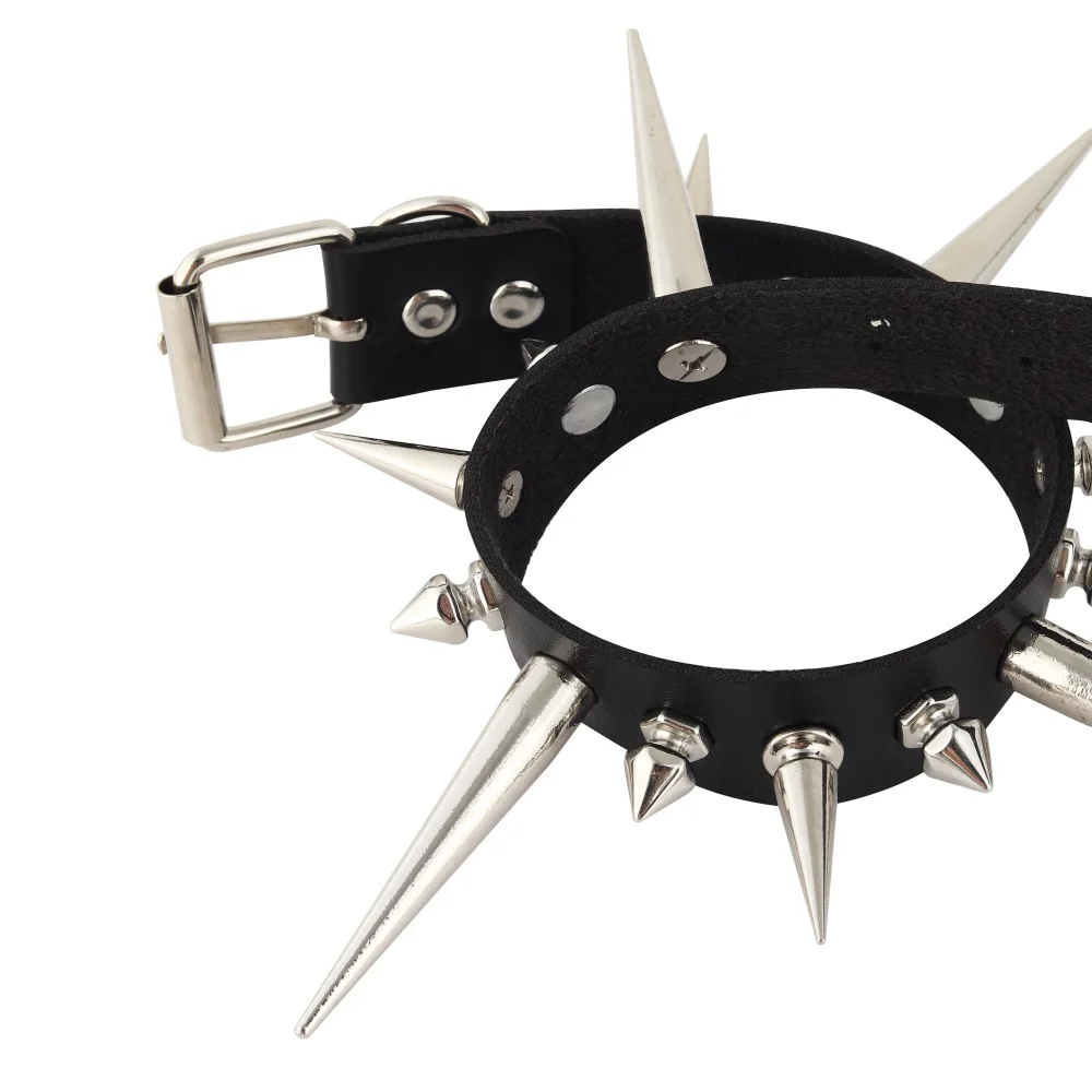 Long Spike Choker Punk Faux Leather Collar For Women Men Cool Big Rivets Studded Chocker Goth Style Necklace Accessories