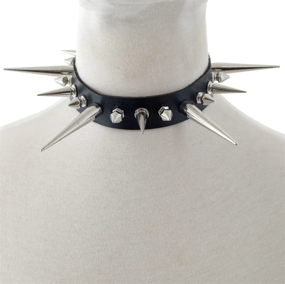 Long Spike Choker Punk Faux Leather Collar For Women Men Cool Big Rivets Studded Chocker Goth Style Necklace Accessories