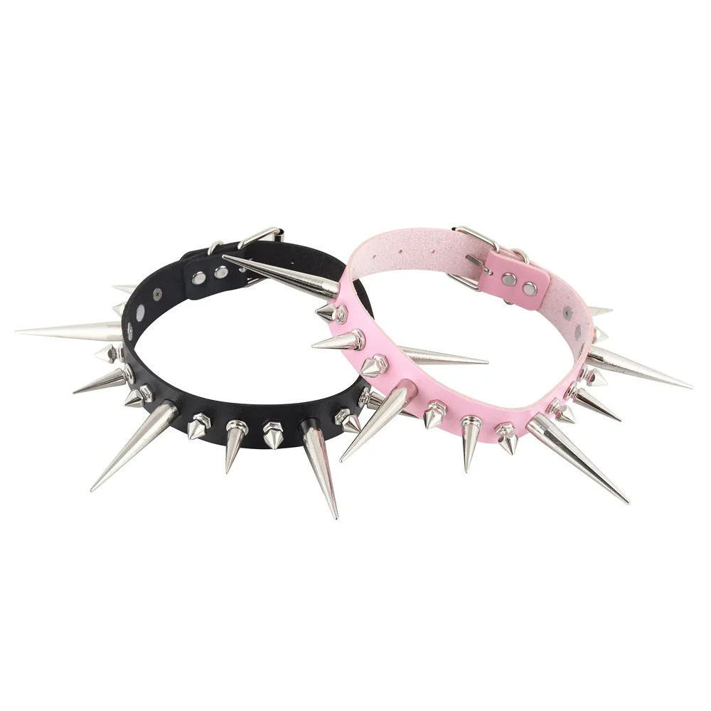 Long Spike Choker Punk Faux Leather Collar For Women Men Cool Big Rivets Studded Chocker Goth Style Necklace Accessories