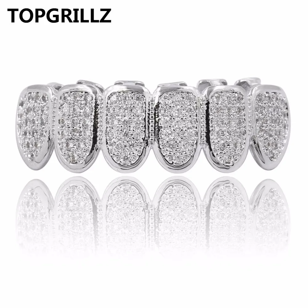 TOPGRILLZ New Fit Silver Plated CZ Micro Pave Top & Bottom GRILL SET Rhodium Teeth Grills Vampire Tooth Grillz