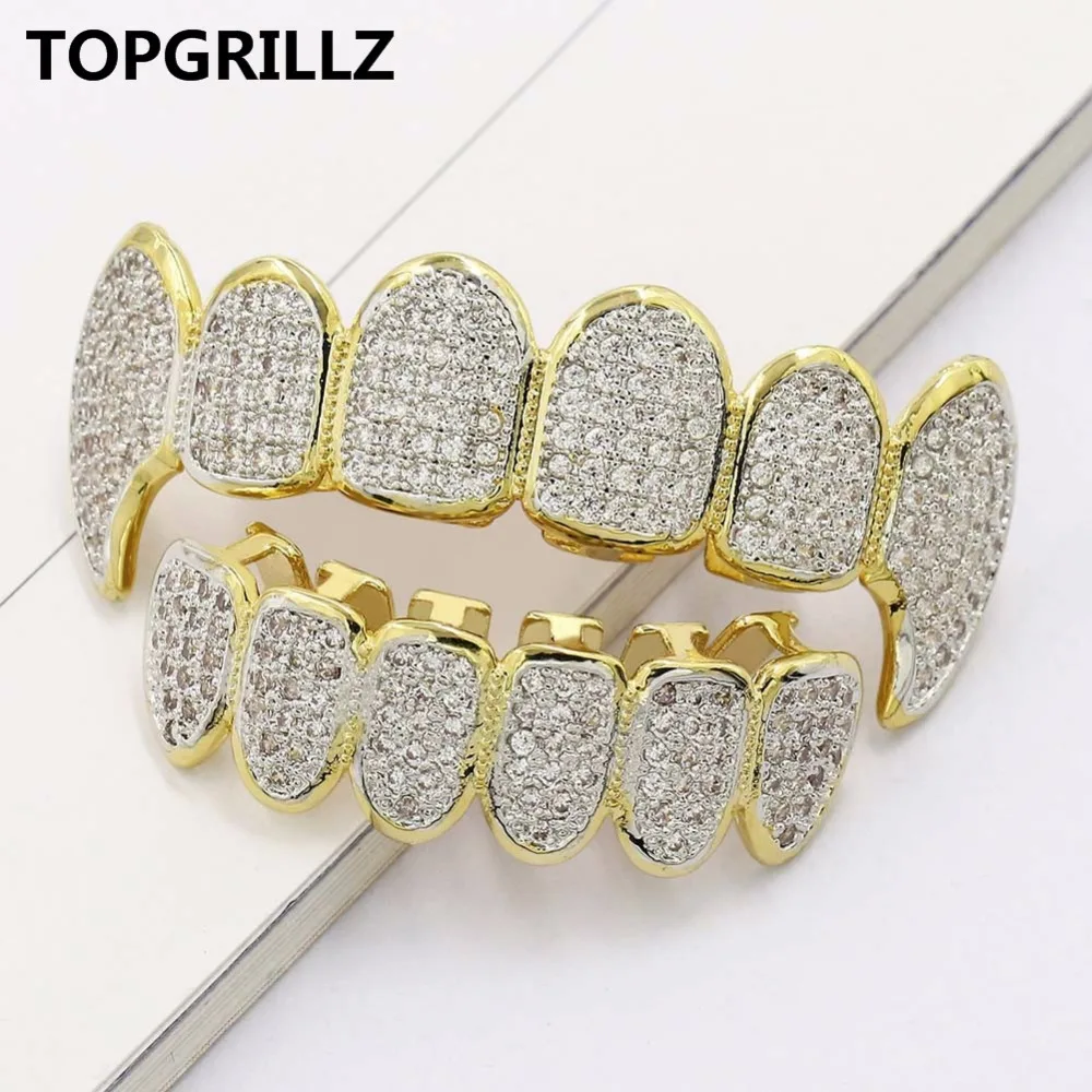 TOPGRILLZ New Fit Silver Plated CZ Micro Pave Top & Bottom GRILL SET Rhodium Teeth Grills Vampire Tooth Grillz