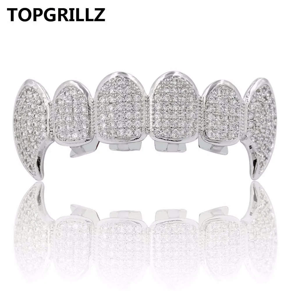 TOPGRILLZ New Fit Silver Plated CZ Micro Pave Top & Bottom GRILL SET Rhodium Teeth Grills Vampire Tooth Grillz