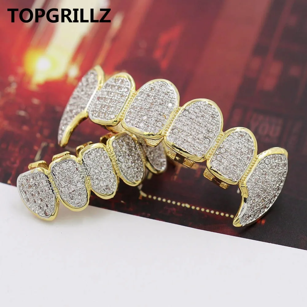 TOPGRILLZ New Fit Silver Plated CZ Micro Pave Top & Bottom GRILL SET Rhodium Teeth Grills Vampire Tooth Grillz