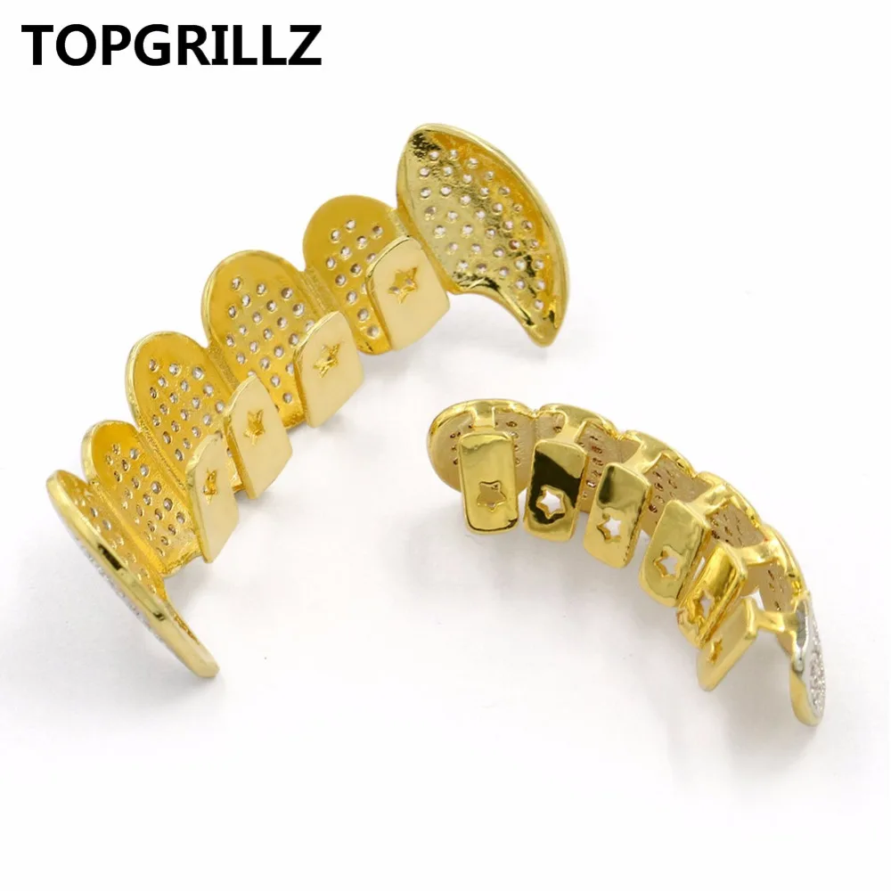 TOPGRILLZ New Fit Silver Plated CZ Micro Pave Top & Bottom GRILL SET Rhodium Teeth Grills Vampire Tooth Grillz