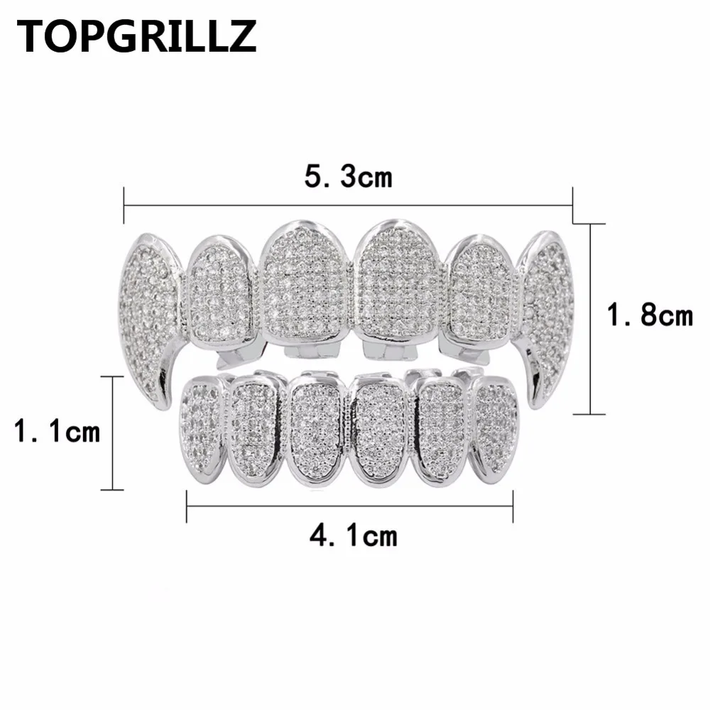 TOPGRILLZ New Fit Silver Plated CZ Micro Pave Top & Bottom GRILL SET Rhodium Teeth Grills Vampire Tooth Grillz
