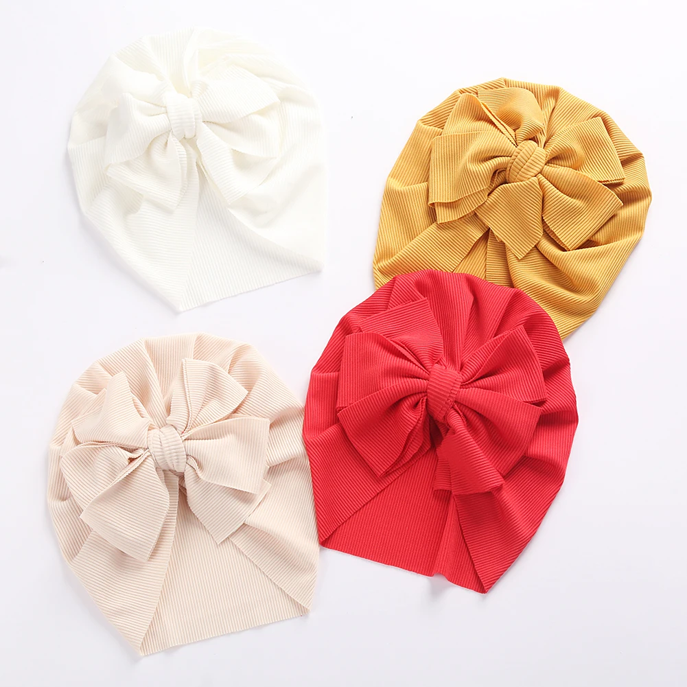 Solid Ribbed Bunny Knot Turban Hats for Baby Boys Girls Beanies Striped Thin Elastic Caps Bonnet Newborn Toddler 0-4T Headwraps