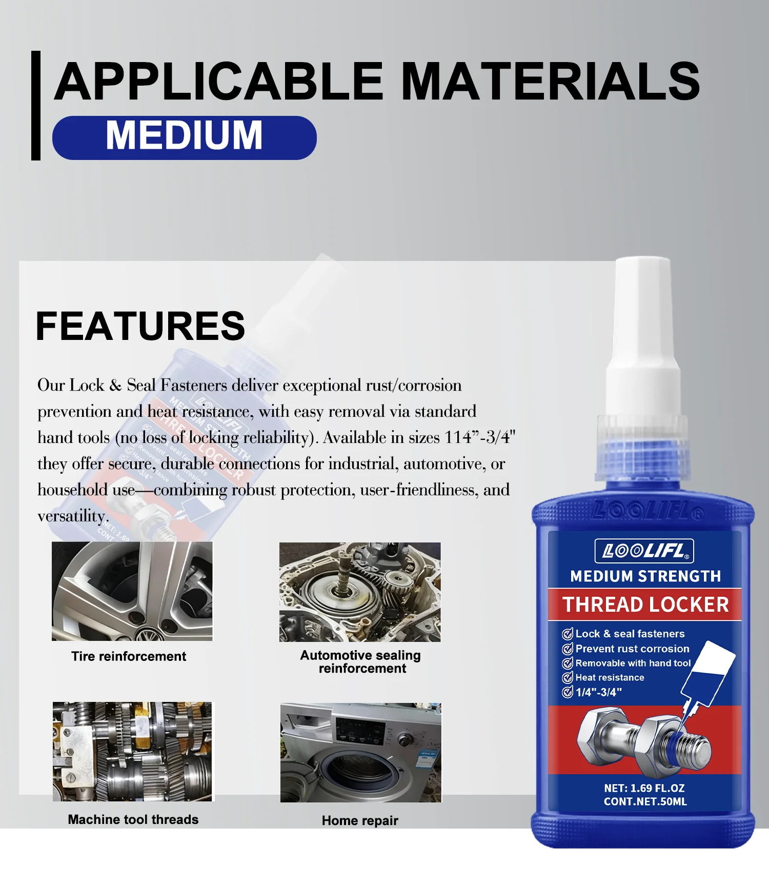 LOOLIFL Blue Thread Locker 243 Nuts-Bolts Locker, Screw Adhesive Lock Tight Seal Fasteners Anaerobic Curing Metal Glue,Rustproof
