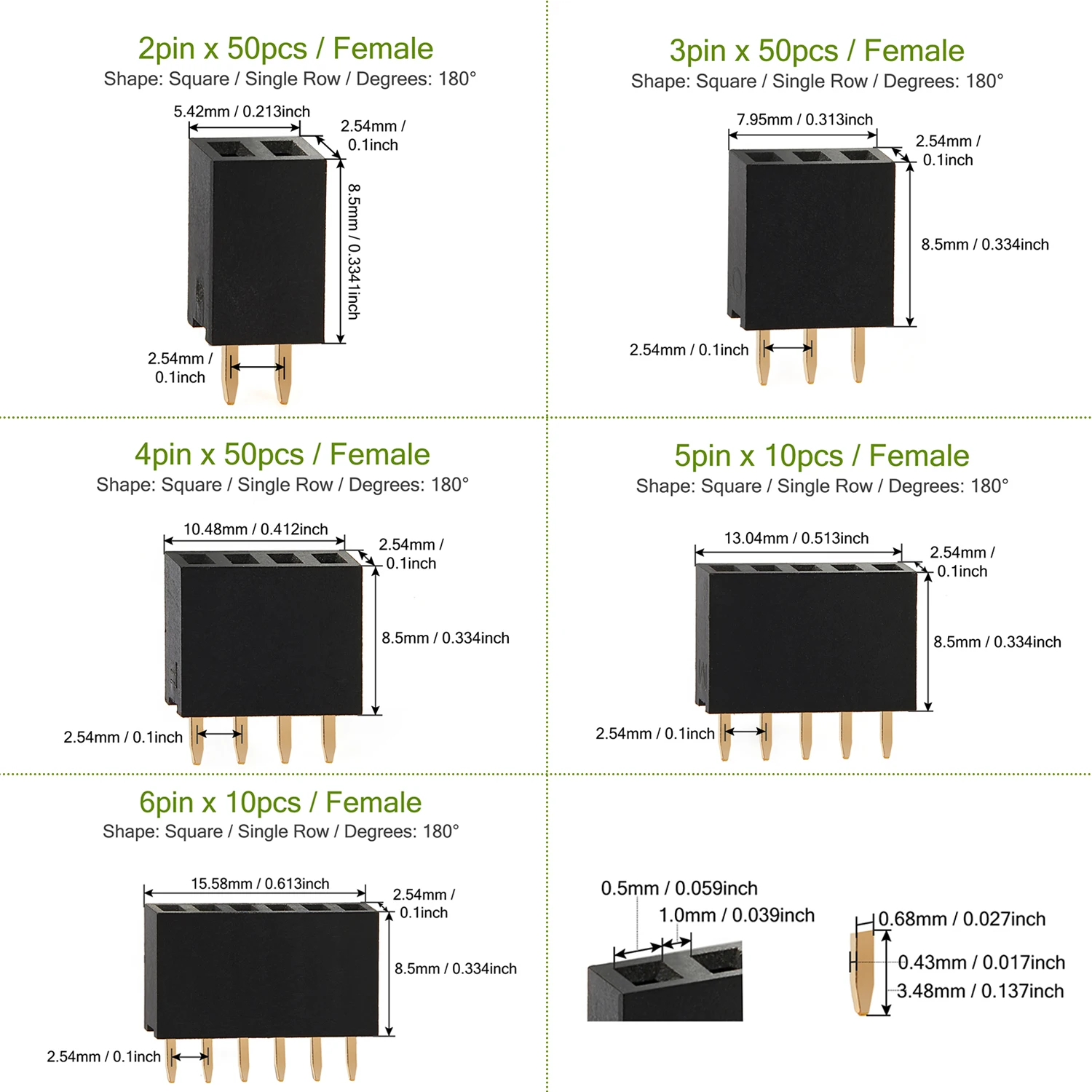 2 3 4 5 6 8 10 12 15 20 40 Female Pin Header Socket Gold Plated Solderless Single Row 2.54mm 2.54 mm 4pin 20pin 40pin Connector