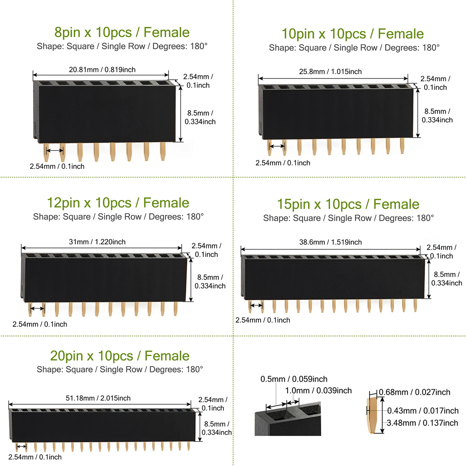 2 3 4 5 6 8 10 12 15 20 40 Female Pin Header Socket Gold Plated Solderless Single Row 2.54mm 2.54 mm 4pin 20pin 40pin Connector