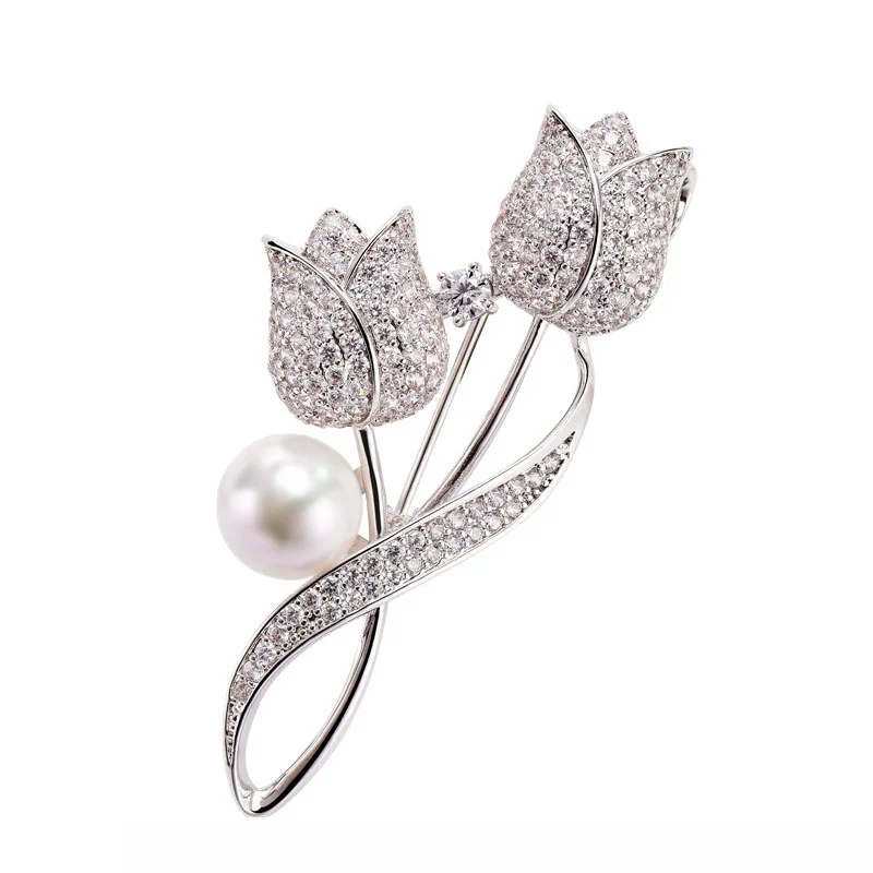 Advanced Luxury 2023 New Tulip Flower brooch Elegant Design Sense Rose White Stone Jewelry