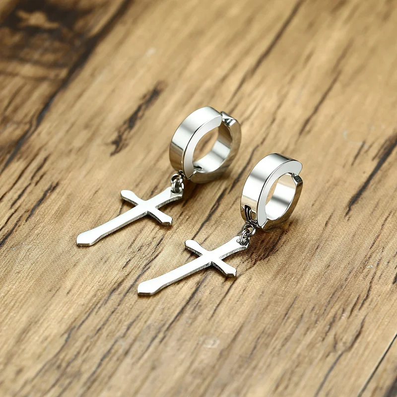 Stainless Steel Earring with Cross Charm for Guys Men's Jewelry