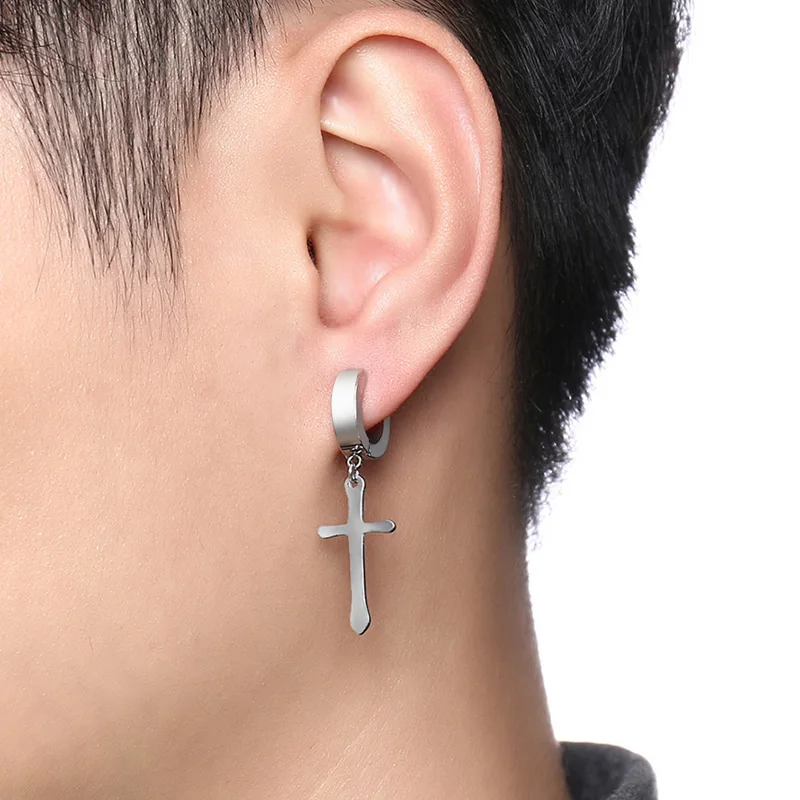 Stainless Steel Earring with Cross Charm for Guys Men's Jewelry