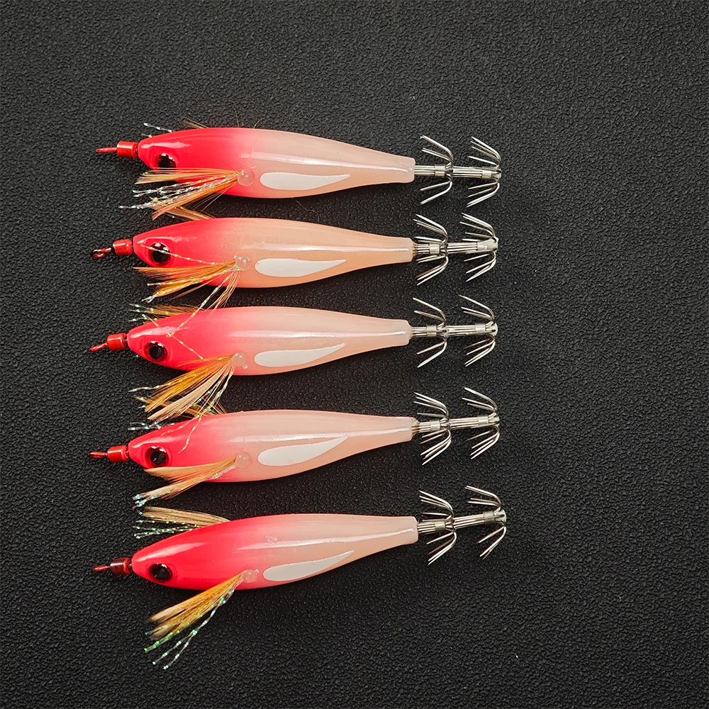 5pcs/set Horizontal Squid Jig Egi Set,Glow Squid Jig Kit,Wood Shrimp Lures,Artificial Bait for Squid, Octopus, Cuttlefish