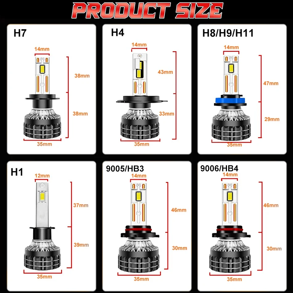 K5C Plus H7 LED 60000LM Headlights H1 H4 H11 H8 H9 9005 9006 HB3 HB4 9012 HIR2 High Power 180W Headlamp Beam 12V Replacement 2PC
