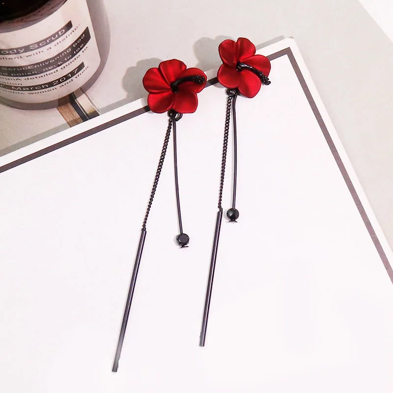 Retro Classic Wine Red Flowers Tassel Earrings For Women Temperament Long Pendant Ear Nail Korean Style Jewelry