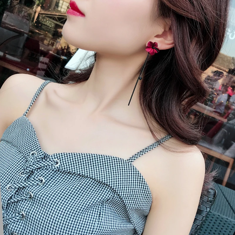 Retro Classic Wine Red Flowers Tassel Earrings For Women Temperament Long Pendant Ear Nail Korean Style Jewelry