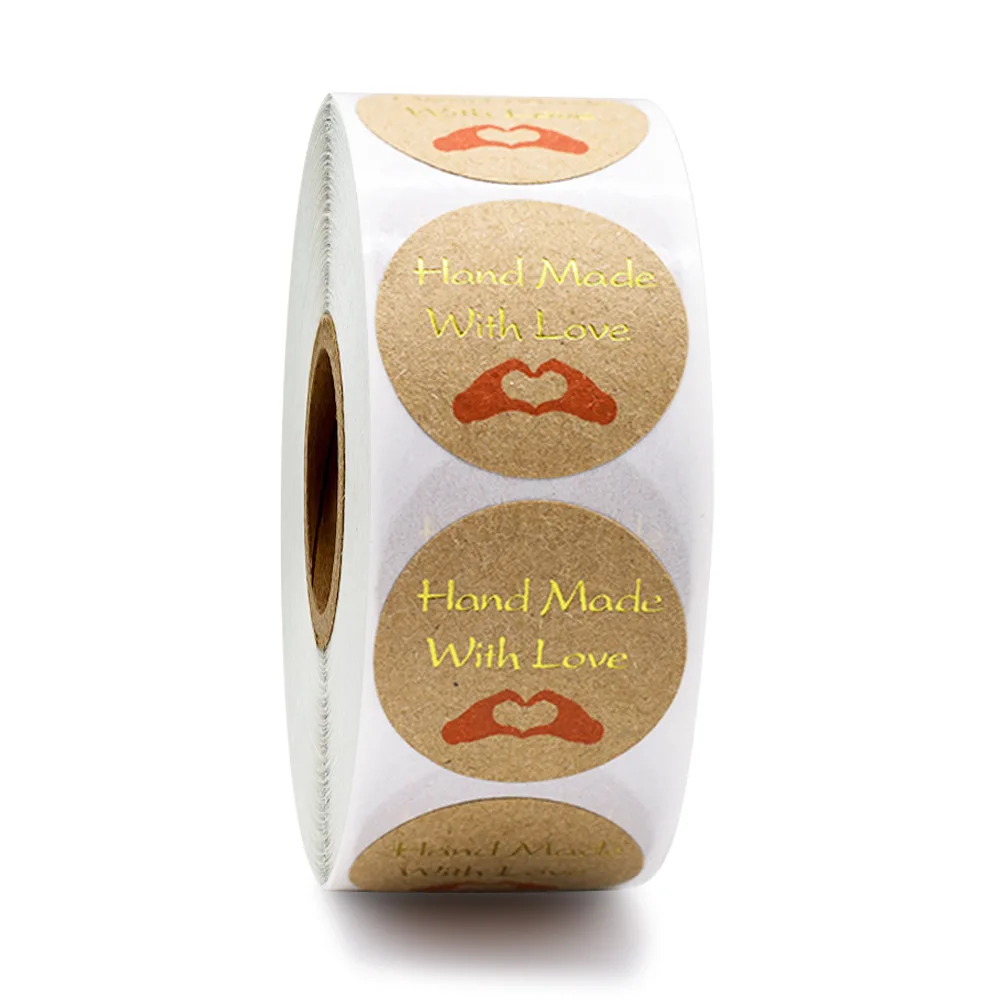 50-500pcs Handmade With Love Kraft Paper Stickers 25mm Round Adhesive Labels Baking Wedding Decoration Party Decoration Sticker