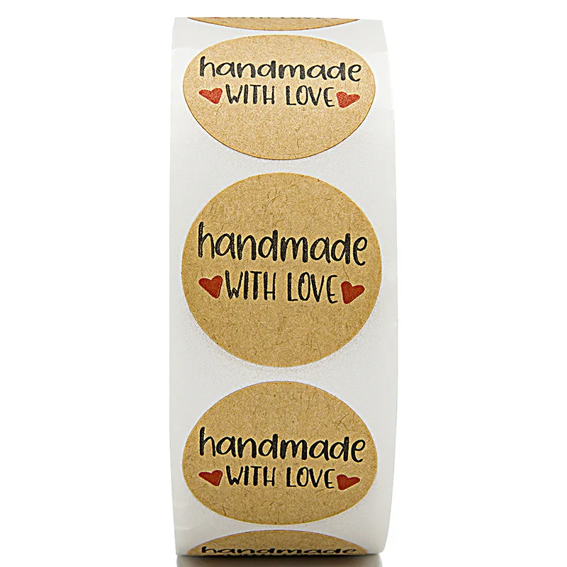 50-500pcs Handmade With Love Kraft Paper Stickers 25mm Round Adhesive Labels Baking Wedding Decoration Party Decoration Sticker