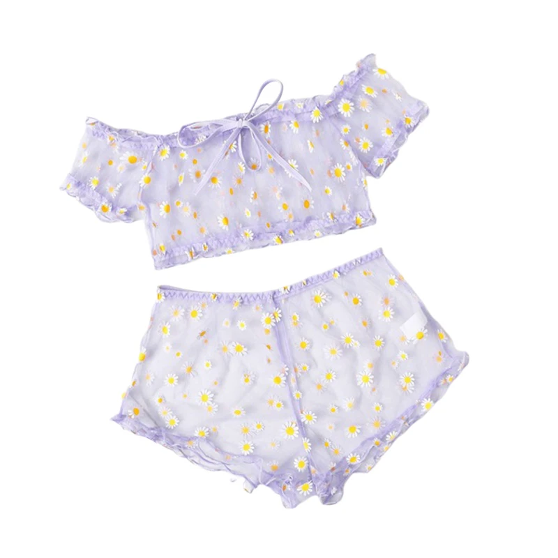2PCS Off Shoulder Lace Up Bikini Set Women Sweet Casual Short Sleeve Swimsuits Beachwear Bathing Suits Sexy Lingerie