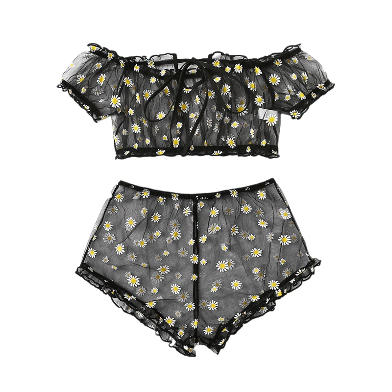 2PCS Off Shoulder Lace Up Bikini Set Women Sweet Casual Short Sleeve Swimsuits Beachwear Bathing Suits Sexy Lingerie