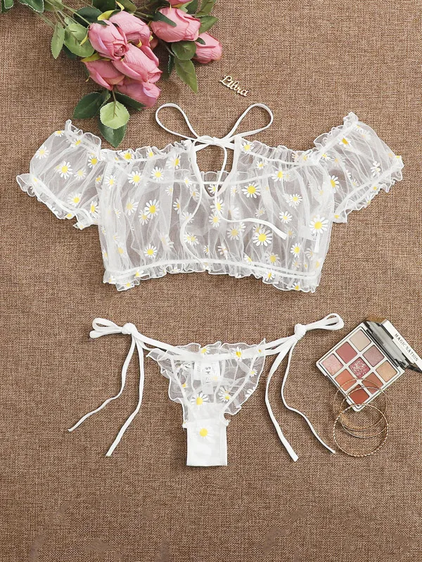 2PCS Off Shoulder Lace Up Bikini Set Women Sweet Casual Short Sleeve Swimsuits Beachwear Bathing Suits Sexy Lingerie