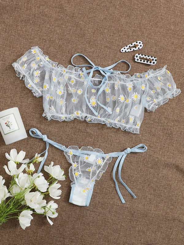 2PCS Off Shoulder Lace Up Bikini Set Women Sweet Casual Short Sleeve Swimsuits Beachwear Bathing Suits Sexy Lingerie
