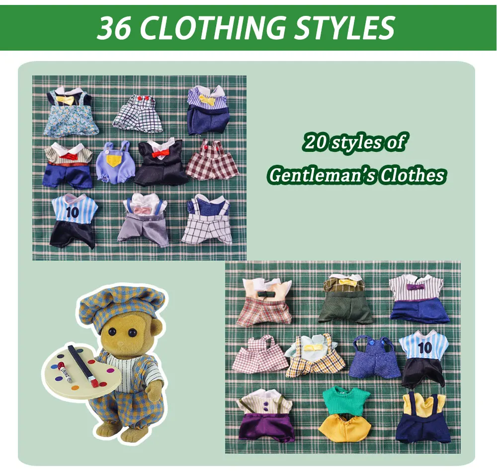 Dress Dollhouse Accessories 1:12 Forest Animal Family Clothes Fashion Daily Wear Casual Outfits Vest Shirt Skirt Pants for Doll