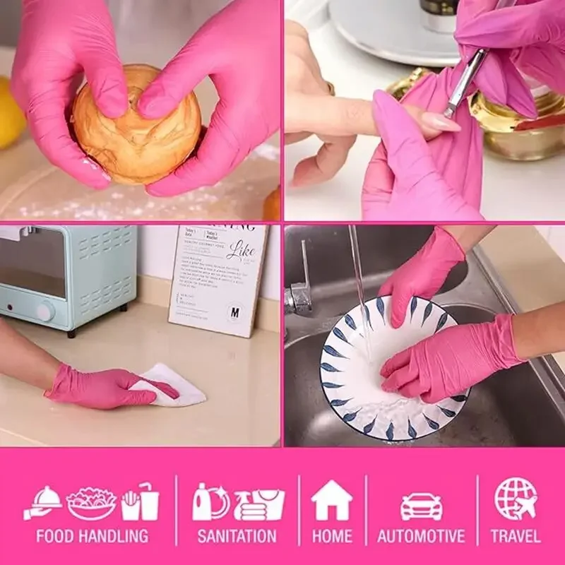 20/50/100PCS Pink Nitrile Disposable Gloves Latex Free Household Cleaning Gloves for Food Pre Tattoo Beauty Esthetician