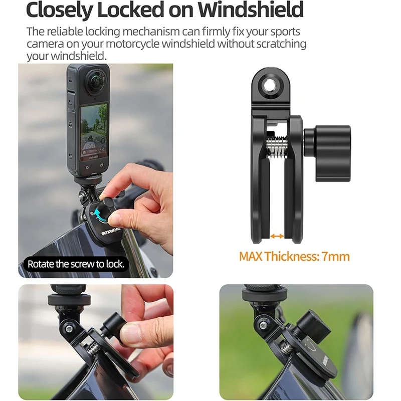 Motorcycle Windshield Action Camera Mount for GoPro 13 12 Insta360 Go Ultra for DJI Osmo Nano/360/Action 6 5 Pro Pocket 3