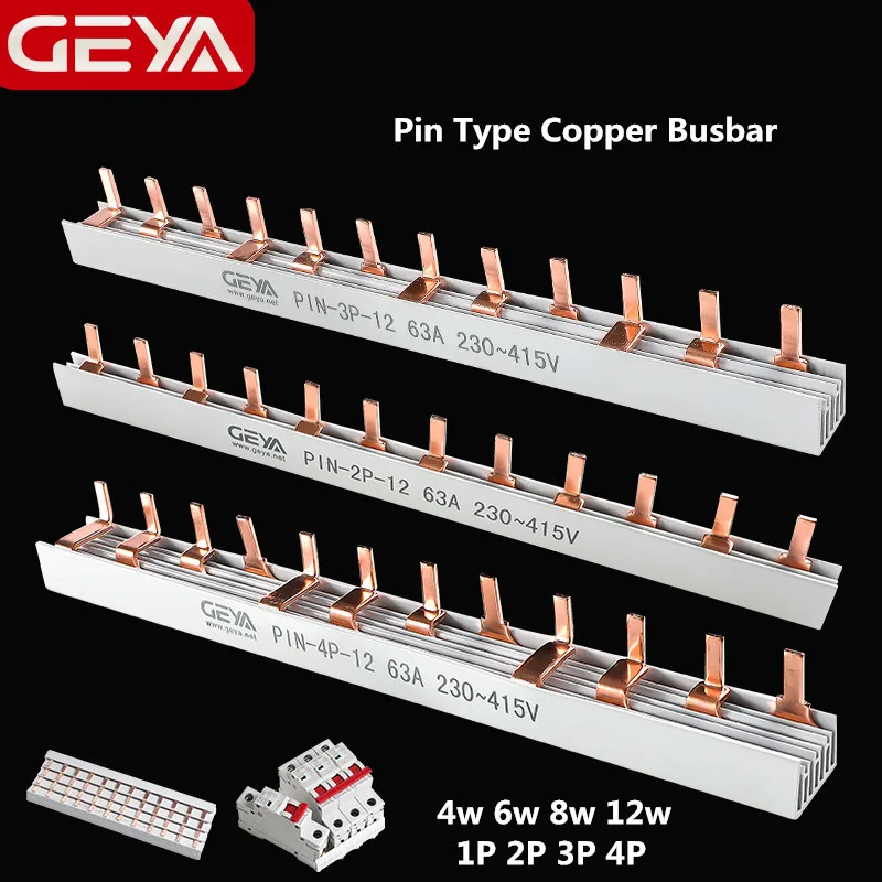 GEYA Pin & Fork Type 1.4mm Copper Busbar for Circuit Breaker 12 Way MCB Connector Busbar Connection 1A-63A 1P 2P 3P 4P