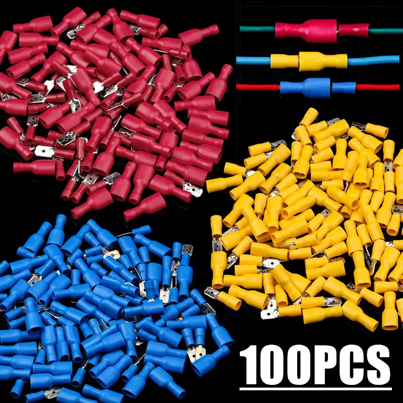 100PCS(50Pairs) Insulated Female&Male Crimp Spade Terminals Butt Splice 6.3mm Electrical Wire Connectors Wiring Cable Plug