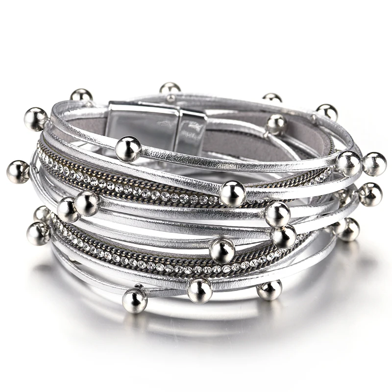 Amorcome Multilayer Metal Beads Charm Leather Bracelets for Women Trendy Design Double Wrap Bracelets & Bangles Jewelry