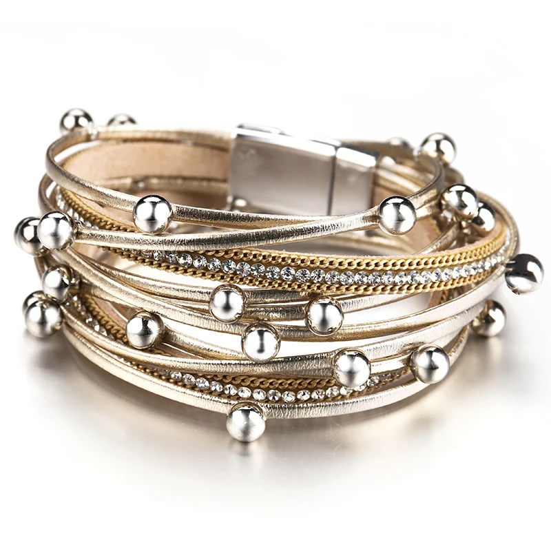 Amorcome Multilayer Metal Beads Charm Leather Bracelets for Women Trendy Design Double Wrap Bracelets & Bangles Jewelry