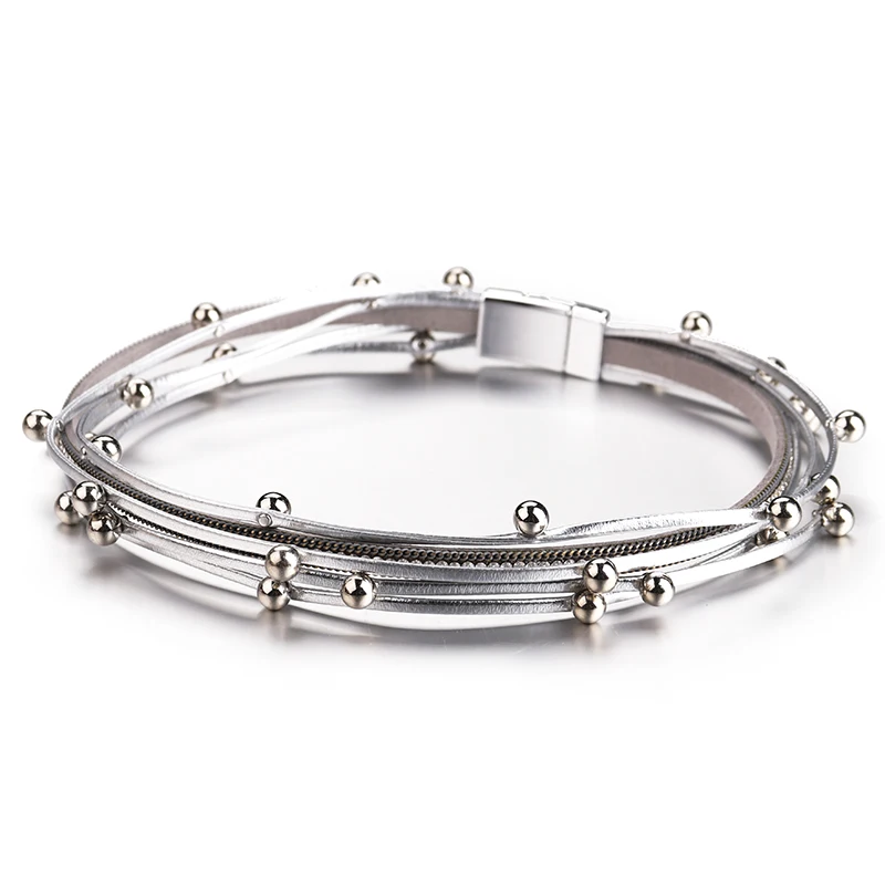 Amorcome Multilayer Metal Beads Charm Leather Bracelets for Women Trendy Design Double Wrap Bracelets & Bangles Jewelry
