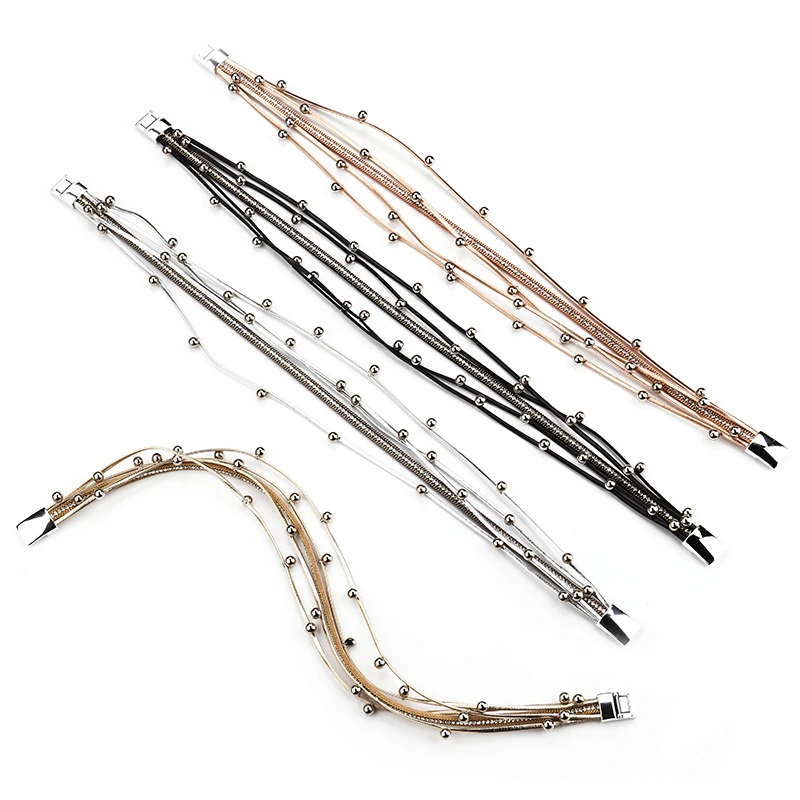 Amorcome Multilayer Metal Beads Charm Leather Bracelets for Women Trendy Design Double Wrap Bracelets & Bangles Jewelry