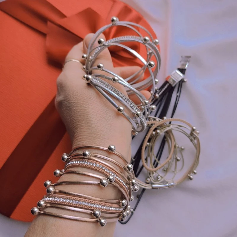 Amorcome Multilayer Metal Beads Charm Leather Bracelets for Women Trendy Design Double Wrap Bracelets & Bangles Jewelry
