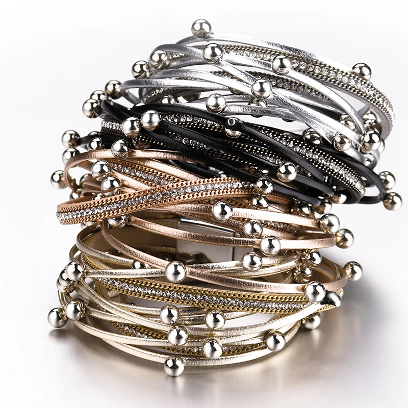 Amorcome Multilayer Metal Beads Charm Leather Bracelets for Women Trendy Design Double Wrap Bracelets & Bangles Jewelry