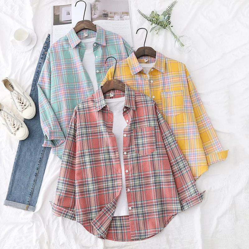 Brand Women's Flannel Plaid Shirts 2026 New Ladies Tops Exquisite Designer Style Loose Blouses Casual Cotton Long Sleeve Blouse