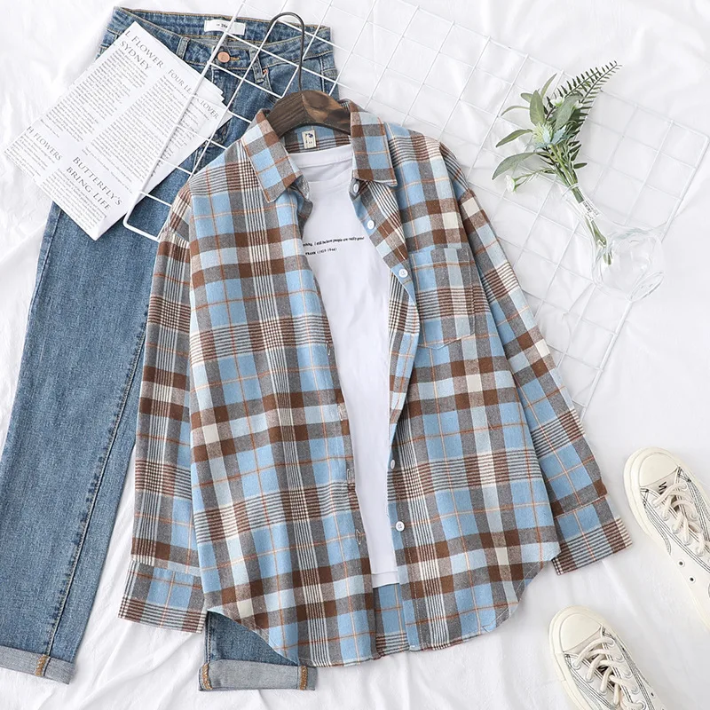 Brand Women's Flannel Plaid Shirts 2026 New Ladies Tops Exquisite Designer Style Loose Blouses Casual Cotton Long Sleeve Blouse