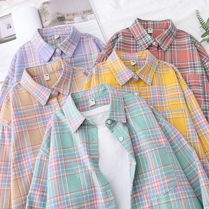 Brand Women's Flannel Plaid Shirts 2026 New Ladies Tops Exquisite Designer Style Loose Blouses Casual Cotton Long Sleeve Blouse