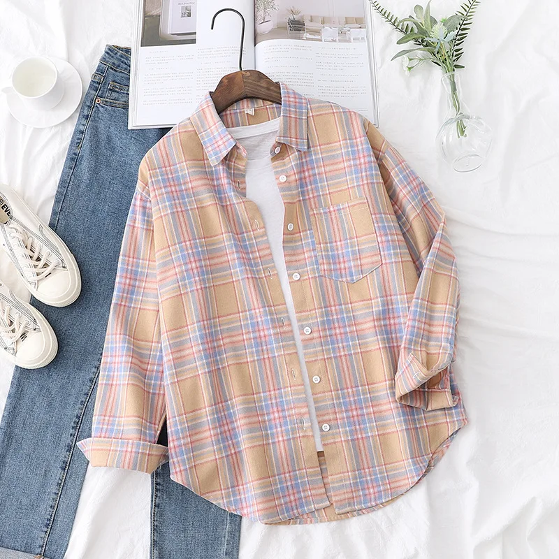 Brand Women's Flannel Plaid Shirts 2026 New Ladies Tops Exquisite Designer Style Loose Blouses Casual Cotton Long Sleeve Blouse