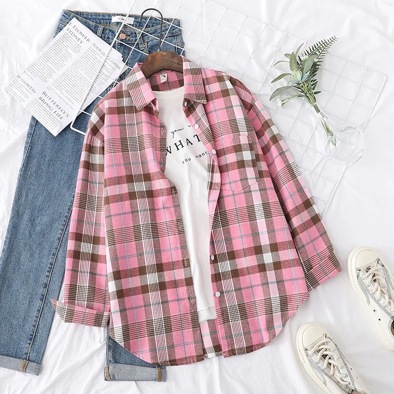 Brand Women's Flannel Plaid Shirts 2026 New Ladies Tops Exquisite Designer Style Loose Blouses Casual Cotton Long Sleeve Blouse