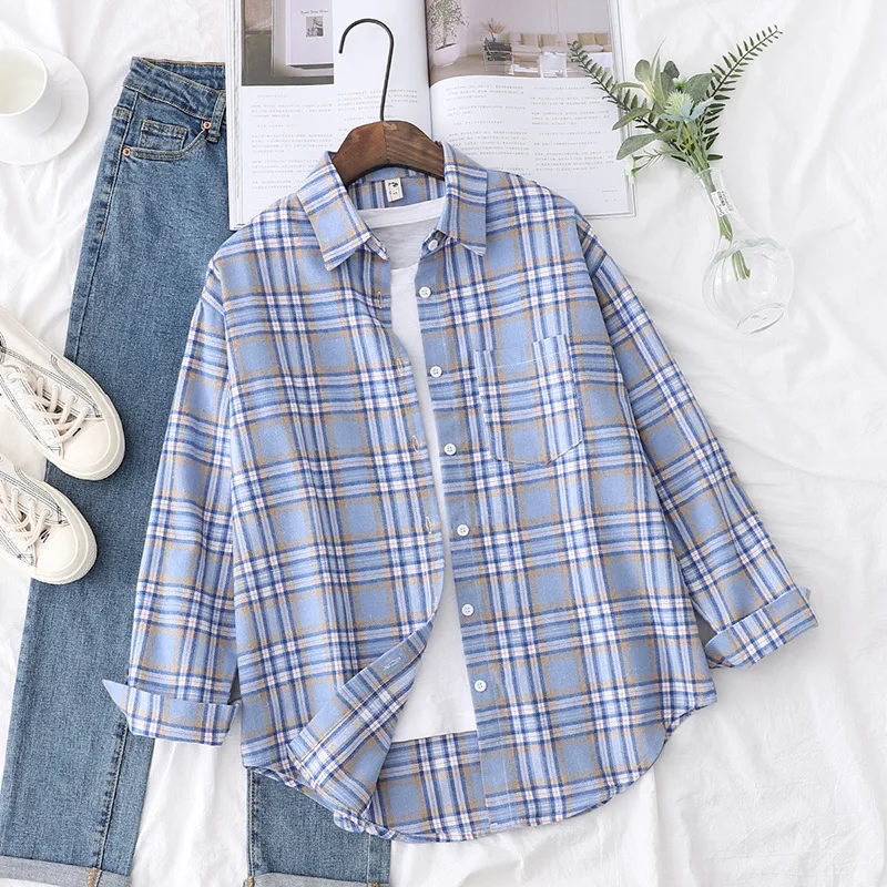 Brand Women's Flannel Plaid Shirts 2026 New Ladies Tops Exquisite Designer Style Loose Blouses Casual Cotton Long Sleeve Blouse