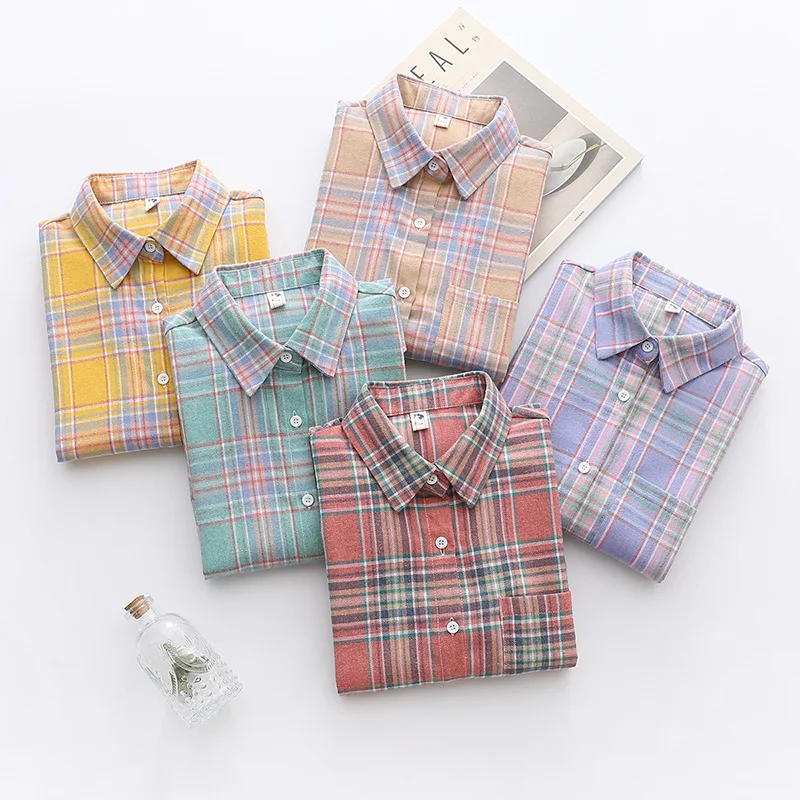 Brand Women's Flannel Plaid Shirts 2026 New Ladies Tops Exquisite Designer Style Loose Blouses Casual Cotton Long Sleeve Blouse